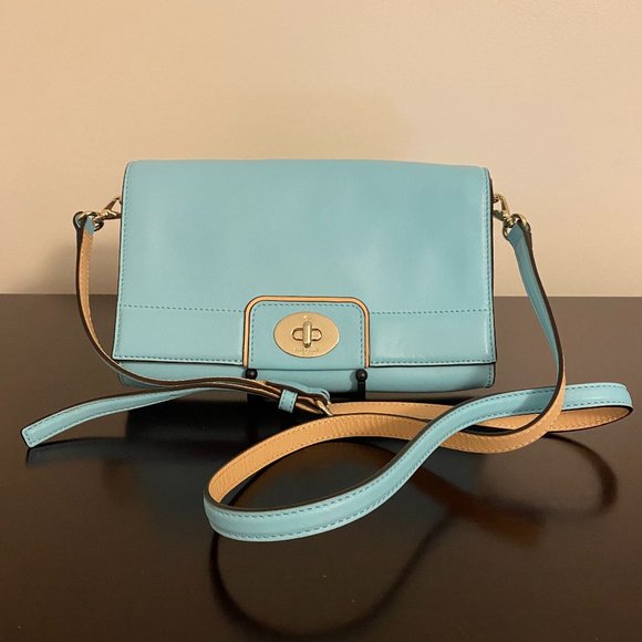 kate spade Handbags - Kate Spade Juliana Hampton Road Tiffany Blue Tan Leather Crossbody Clutch